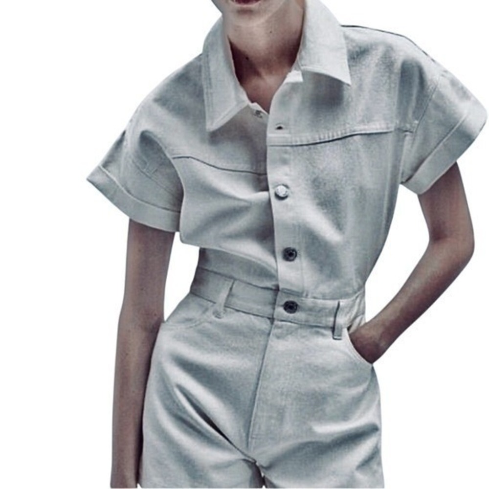 Zara NWOT Denim Gray/Silver Shimmer Utility Button-Up playsuit - XS